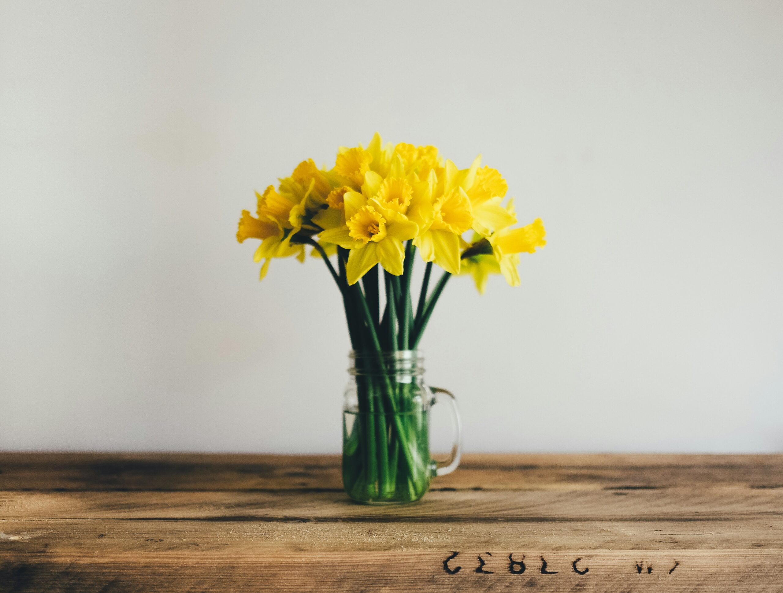 A mason jar of fresh cut daffodils sits on a woodblock table, signifying spring.