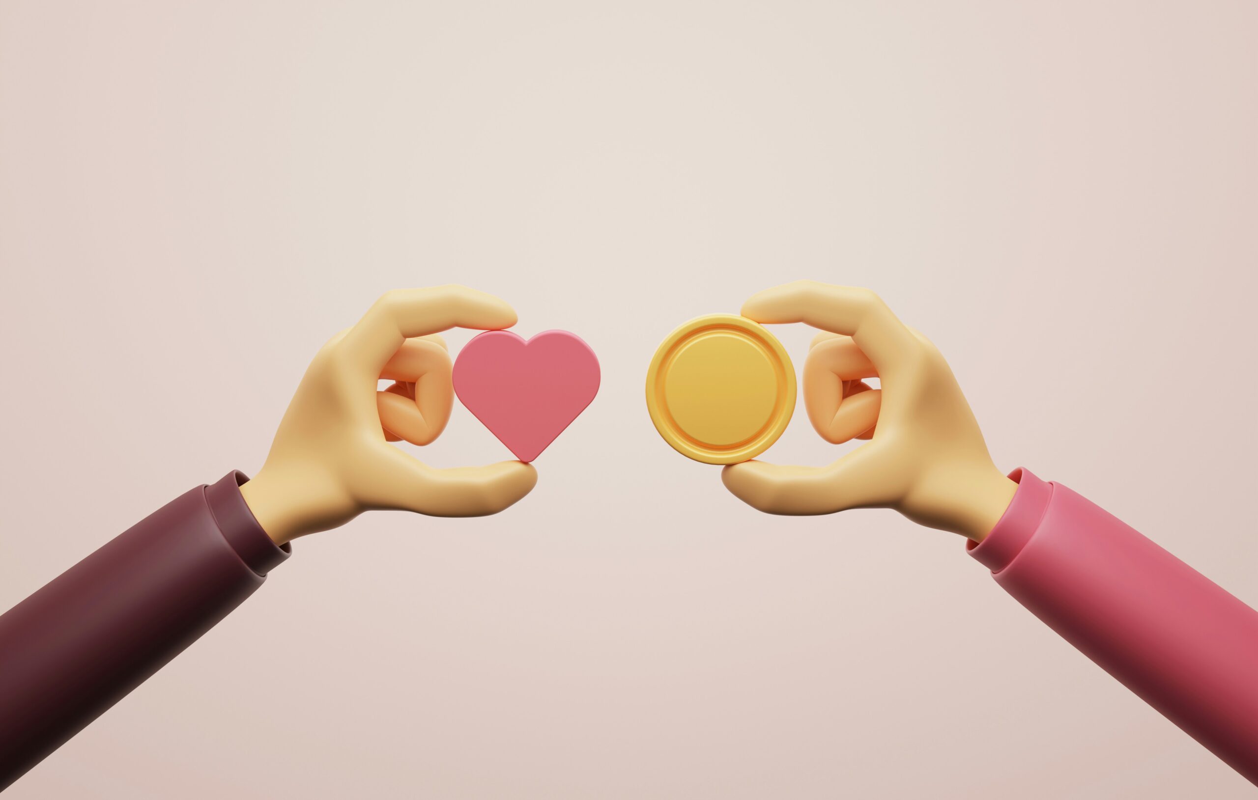 an animated hand holding a coin and an animated hand holding a heart symbolized giving to to a nonprofit