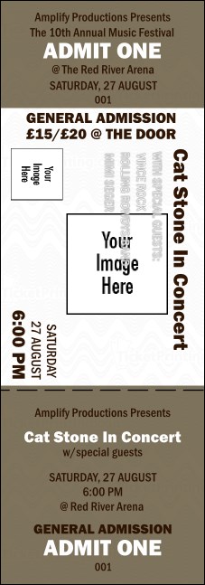 Example of a custom printed concert ticket template used for The Basement Door’s farewell show, featuring event details and placeholder images