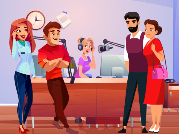 Group of nonprofit team members and supporters chatting in a radio studio, symbolizing collaboration and donor engagement