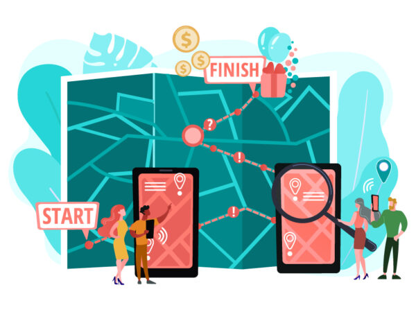 Illustration of people using mobile devices to navigate a fundraising journey map from start to finish, symbolising supporter engagement and strategy.